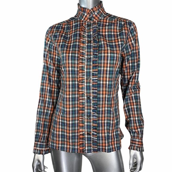 Bell Fine Garments Blue Plaid Ruffled Blouse 4 - Picture 1 of 5